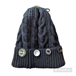 Women's Knitted Tuque/Hat with cuffed buttons. Black. NWT.